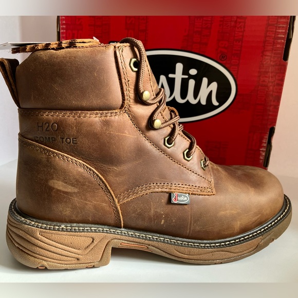 Justin Cowhide Work Boots, Men’s 9EE, Leather, Comp Safety Toe, Brown, NWT - Picture 10 of 12